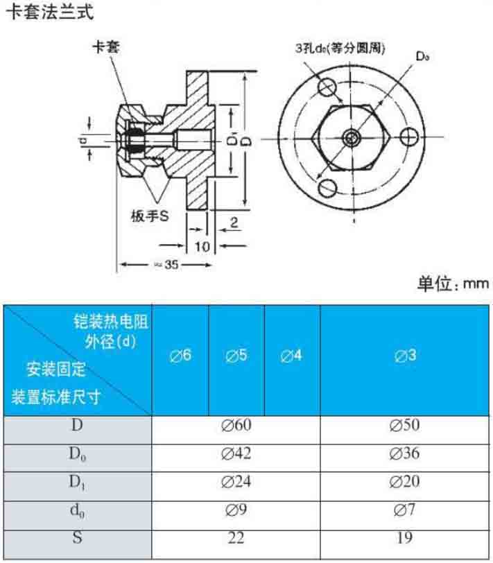 壓簧式熱電阻卡套法蘭式安裝尺寸圖